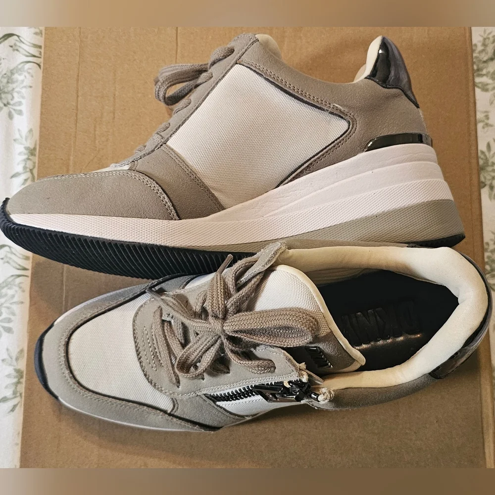 DKNY Taupe and Cream Wedge Sneakers